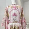 Casual Dresses Spring Summer Silk Pink Diamonds Pressed Floral Print Wrist Sleeve V Neck Mini Dress High Quality 2024 Fashion Elegant