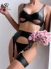 Singrainy Sexy Leather Rouphe Bra e Rouphe Conjunto de roupas femininas Solid sem alças