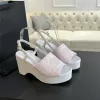 2024 High quality Ankle Strap High Heels Wedge Sandals famous brand Thick Bottom Women Summer Open Toe Platform Wooden sole Sandals Weave Cross Band Chunky Heeled