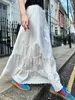 Юбки с вышитой цветочной вышитой макси -юбки женская сладкая белая кружевная украшение с марионированной высокой талией хлопковой фальдас винтаж сплошной плиссированный край