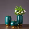 Vasos verde -verde escuro Painted Flores douradas inseridas com móveis retro europeus ornamentos de flores secas salas modelo Villas CE