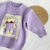 Sets 2023 Autumn New Print Childrens Baby Girls Full Sleeve Patch Ruched 3D Bear Doll Knitted Top Grade Sweater Cute Bottom Clothing Q240508