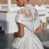 Vinatge High Neck Ball Gown Wedding Dresses Short Sleeve 2024 Long Satin Bridal Dress Two Pieces Sweep Train Custom Made African Bride Formal Wear