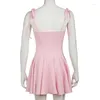 Lässige Kleider Mode modische Riemchen rosa Sommer Plissee Kleid Frauen falten Schulter süße Mini Korean Coquette Clothes Party ab