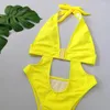 Kvinnors badkläder fluorescerande gul en bit baddräkt Kvinnor Solid färg Hög midja ihålig bälte Bikini Monokini 2024 Summer Beach