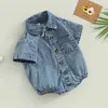 Rompers Baby Boys Girls Western Denim BodySuit Sans manches bouton de bodys avant avec jeans d'été de poche H240508