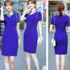 Parti Elbiseleri Kraliyet Mavi V-boyun elastik Profesyonel Kadınlar Yaz Koreli Kısa Kollu Ofis Ol Kalem Bir Üvey Elbise