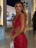 Casual Dresses VC Cocktail Party For Women Sexy V Neck Sleeveless Red Mesh Patchwork Sequins Glitter Maxi Long Gown
