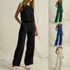 Others Apparel Women Cotton Linen Summer 2 Piece Outfits Versatile Two Piece Lounge Sets Tops Long Pants Sets Sex Vest Wide Leg Pants Set Black Y240509