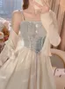 Sukienki robocze Summer francuski vintage dwuczęściowy zestaw bandaż bandaż słodki elegancki sukienka midi garnitur żeński płaszcz z długim rękawem