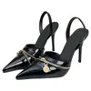Zipper Slingback Pumps Black Women Designer Shoes Pointed Toe Sandals 10.5cm Heel Dress Shoes Top Mirror Quality Patent Leather Summer Luxury Queen Evening Shoes