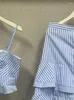 Kjolar kvinnor blå och vita ränder set damer 2024 Summer kostym ärmlös Sling Top eller Single Breasted Ruffles Midi kjol