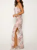 Arbeitskleider Frauen Sommerröcke Outfits Blumendruck Spitzenverkleidungsverschluss Cami Tops High Slit Long 2 Stück Kleidung Set Set
