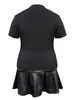 Tweedelige jurk XL-5XL LW Zipper Design Faux Leather Ploeged Rokset Women Sexy Slve Short T-shirt + Faux Lederen rok Set Matching Y240508