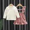 Abiti da ragazza Autunno per bambini abiti da ragazza vestito a maniche lunghe a maniche lunghe+abito cinghie 2pcs set di biota da panoramica abito da bambino a due pezzi A854