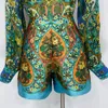 Designer Two Piece Set 2024 Spring/Summer New Style Vintage Printed Bubble Sleeves Long sleeved Loose Ramie Shirt with High Waist Shorts Set