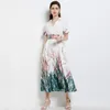 Party Dresses Occident Graciful Women Summer Short Sleeve High midja Elastiska Sashes Feminino Big Swing V-ringning Floral Söta Vestidos