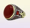 Clusterringe Vintage Herren Ring mit Stein 925 Sterling Silber Oval Natural Red Aqeeq CZ für männliche Frauen Schmuck Weihnachtsgeschenk9805556