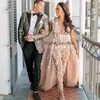 Champagne Boho Jumpsuits Wedding Dresses Sheer V Neck Beach Bridal Gowns With Detachable Train Appliqued Lace Wedding Dress vestido de novia