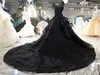 Novo vestido de bola de luxo de chegada vestido de noiva preto 2020 Tribunal Gótica Vintage Non White Bridal GOWNS PRICNESS LONGA TREM TRIMEIRA MANEIRAS DE CAP