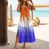 Lässige Kleider 2024 Sommer Bohemian Maxi Frauen eleganter Gradientenurlaub Ein Linie langes Kleid Kurzarmes Seitenschlitz T -Shirt