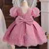 Girl's Dresses Embroidery Lace Floral Baby Dress Pink Flower Girl Dress for Wedding Ceremony Kids 1 Year Birthday Beaded Princess Costume 0-5T