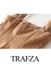 Arbeitskleider Trafza Frauen sanfte ärmelloses Reißverschluss Camisole A-Line Mid-Rise Minirock 2024 Spring Solid Khaki Retro Eleganer Kunstpelzanzug