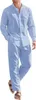 Mens Casual Linen Two Piece Sets Europe Style Vintage Basic Tops and Solid Pants Suit Male Beach Tracksuits Set 240425