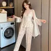 Kadınlar Robe Üç Parça Set Sweetwear Kadın Velvet Spagetti Kayış Uzun Çubuk Kadın Tatlı Seksi Dantel Ev Giysisi Yeni Sonbahar Kış