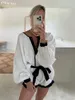 Clacive Casual Loose White Cotton Dames Jumpsuits 2024 Fashion Vneck Puff Sleeve High Taille Patchwork Romper vrouwelijke playsuits 240507