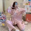 Kvinnors sömnkläder pyjama sätter kvinnor enkla långa ärmar dagligen trendiga chic fit v-hals japansk stil fritid vår mjuka lösa bågar