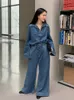 Femmes Denim Two Piece Set 2024 Sping Summer Blue Blue Long Sleeve Collar Down Top Casual Top Pantal