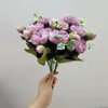 Dekoratif çiçekler yapay çiçek pembe gül buket 5 büyük kafa 4 küçük tomurcuk gelin düğün sahte şakayık parti ev odası dekorasyon masası