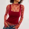 Women's T Shirts Women Sexy Floral Embroidery Mesh Layering Top Long Sleeve Y2k Print Tee Blouse Sheer Lace Trim Basic Shirt Tops