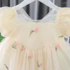 Fille robes doux enfants vêtements filles broderie patchwork floral à paillettes d'été coure couche papillon zipper à manches courtes en dentelle princesse