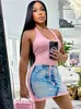 Lässige Kleider Habbris Sexy Pink Jean Print Halter Mini Kleiderparty Club Outfits für Frauen 2024 Fall Back Less Short Booty Fashion