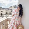 Feestjurken vrouwen zomer vintage elegante pastorale stijl bloemen midi jurk lolita zoete hoge taille zijden roze lang