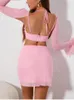 Arbeitskleider Colysmo Sweet Pink 2 Stück Set Frauen sexy Full Ärmel Rückenless Top Eine Linie Stretchy Minirock -Sets passendes Party Club -Outfit