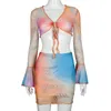 Robes de travail Femmes Imprimé maillage transparent des tenues d'été à manches longues transparentes pour les ensembles de t-shirt et de boulange enveloppants en deux pièces de plage en deux pièces