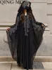 Casual Dresses Qing Mo 2024 vår sommarlångt klänning kvinnor tung industri spikade pärla v-hals chiffon fairy svart zxf5084
