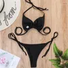 Kvinnors badkläder svart y2k rhinestone bikini thong sträng sexig baddräkt kvinnor trend två bit brasilien strand badande mikro semesterdräkt
