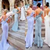 Skräddarsydd sjöjungfru brudtärna sexiga rygglösa 2020 remmar med stora båge långa bröllopsgästklänningar afton klänningar bälte 0510