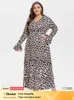 Abiti taglie forti di dimensioni plus size abito tascabile stampato leopardo per donne v al collo slves long fochea abito slve abito a vita alta Y240510