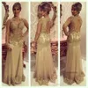 Arabic Gold Prom Dresses 2018 Sequins Appliques A Line Long Sleeves Evening Beaded Backless Floor Length Party Dresses Plus Size 30 0510