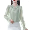 Kadın Bluzları M-4XL Bahar 2024 Moda Şifon Bluz Petal Yakası Uzun Kollu Sıradan Üstler Zarif Baç Tie Kadın Gömlek