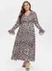 Plus size Dresses Plus Sized Clothing Leopard Printed Dress For Women V Neck Flounce Slve Dress Long Slves Party High Waist Holiday Dress Y240510
