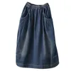 Jupes 2024 Spring Automn Arts Style Femmes Élastique Taies Loose Coton Denim Vintage Blue décontracté Solid A-Line Long jupe C691