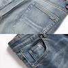 Jeans bordados de estrela de couro Men com padrão de ilha Small Pé Smin Slim Fit Perforated Calças usadas na Vintage Stretch Street 23 240510