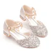 Moda yeni stil kızlar flaş elmas kaplama zinciri yüksek topuk prenses deri gösteri dans çiçeği çocuk ayakkabıları