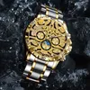 Нарученные часы Glenaw Gold Skeleton Watch for Men Fashion Diamond Luxury Автоматические механические часы светящиеся руки из нержавеющей стали ремешок из нержавеющей стали